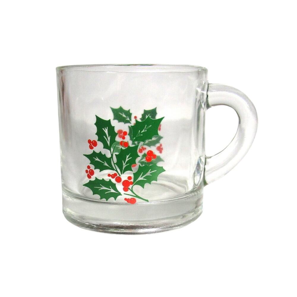 Vintage 1960s Clear Glass Christmas Mug Holly & Berry 8 oz Holiday Drinkware